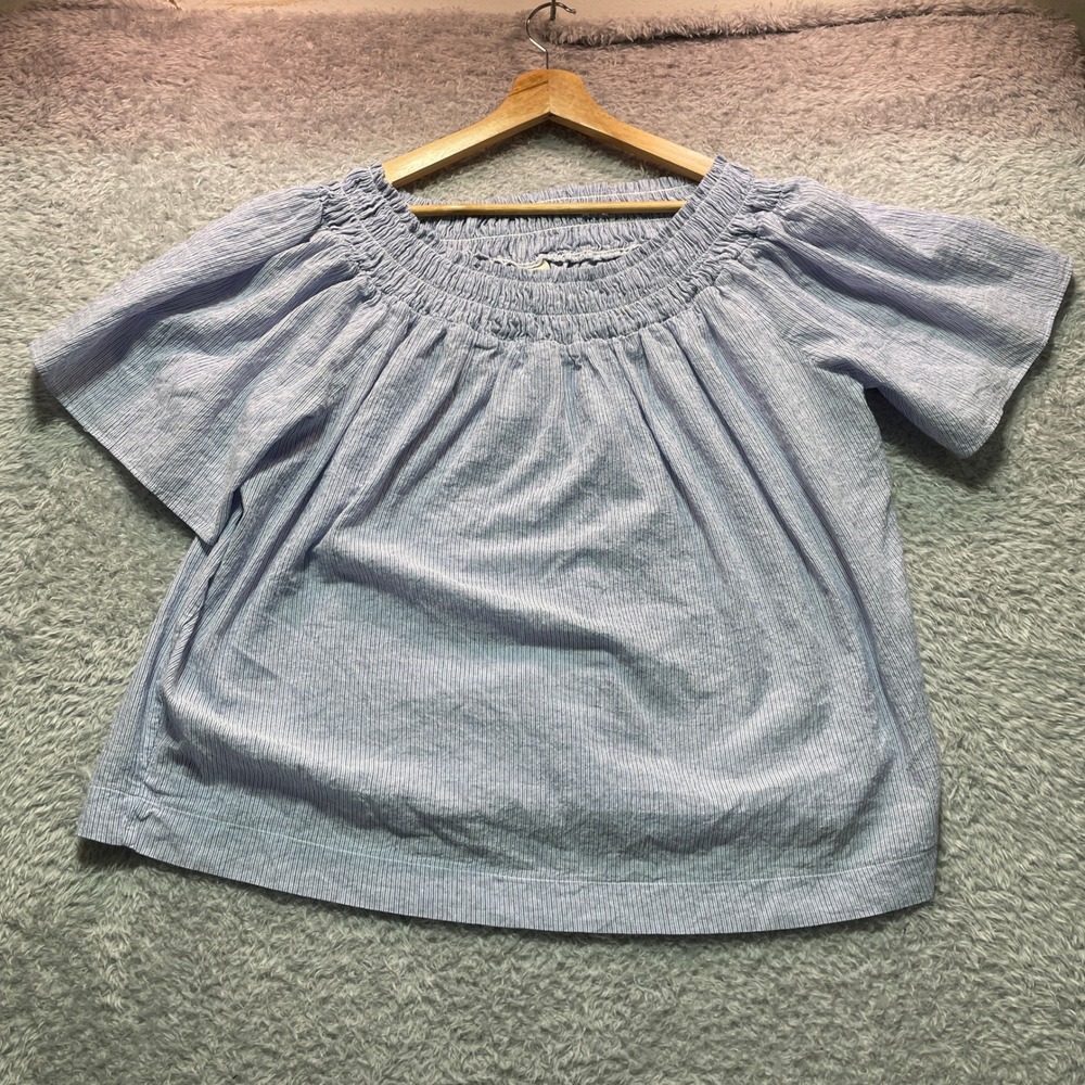 A New Day Blue White Striped Smocked Neck Blouse XXL Short Sleeve Seersucker Top
